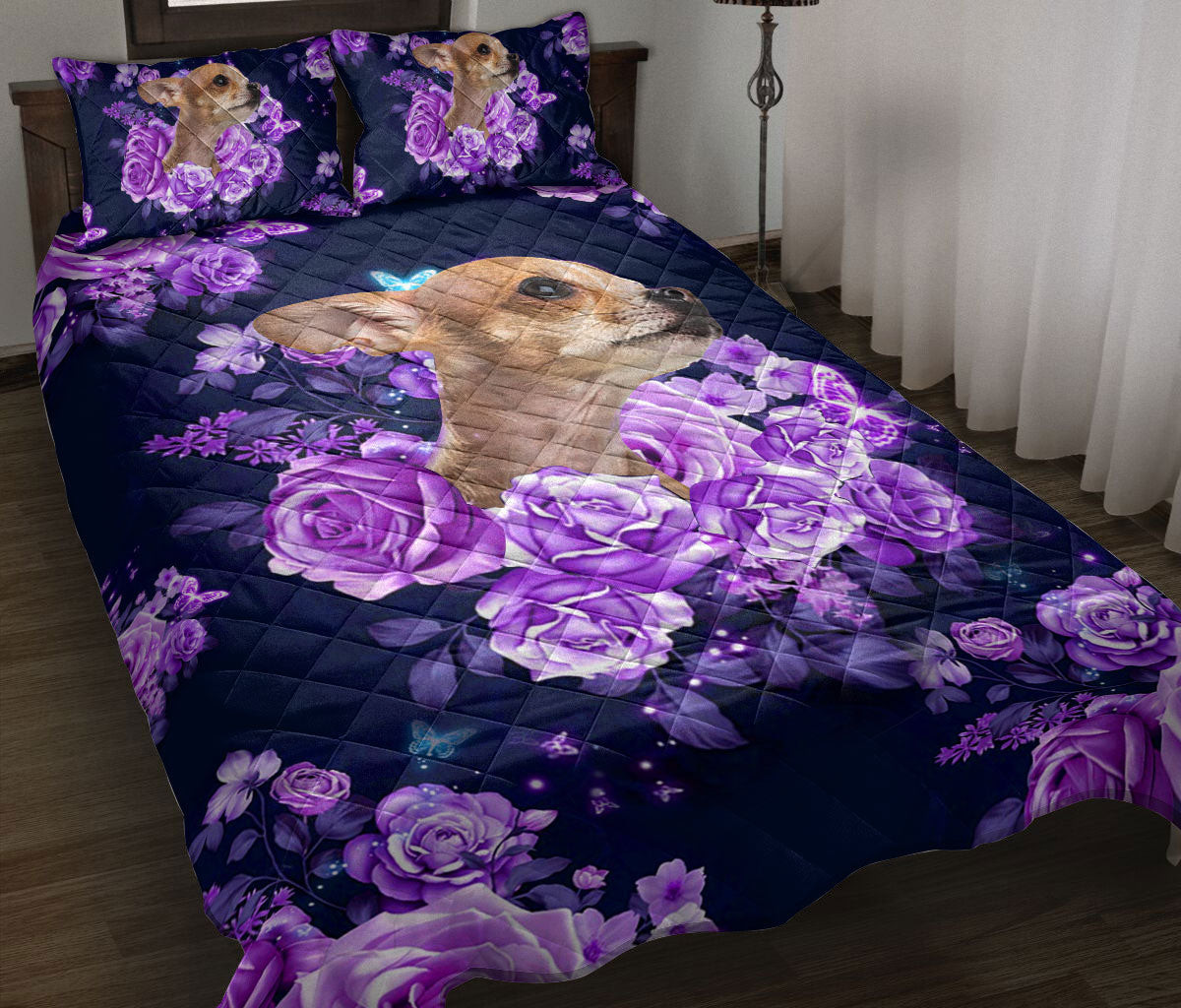 Chihuahua Quilt Bedding Set, Chihuahua Purple Rose Flower Floral Chihuahua Dog Puppy Quilt Blanket With Pillowcases, Duvet Cover Set