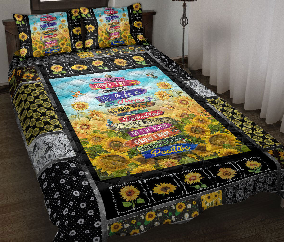 Sunflower Quilt Bedding Set, Sunflower You Always Have A Choice To Be Happy Floral Patchwork Quilt Blanket With Pillowcases, Duvet Cover Set