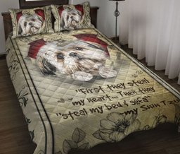 Shih Tzu Quilt Bedding Set, Shih Tzu Dog They Steal My Heart Floral Beige Dog Puppy Quilt Blanket With Pillowcases, Duvet Cover Set