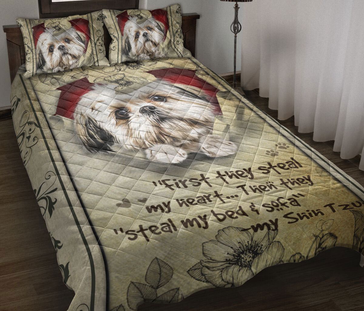 Shih Tzu Quilt Bedding Set, Shih Tzu Dog They Steal My Heart Floral Beige Dog Puppy Quilt Blanket With Pillowcases, Duvet Cover Set