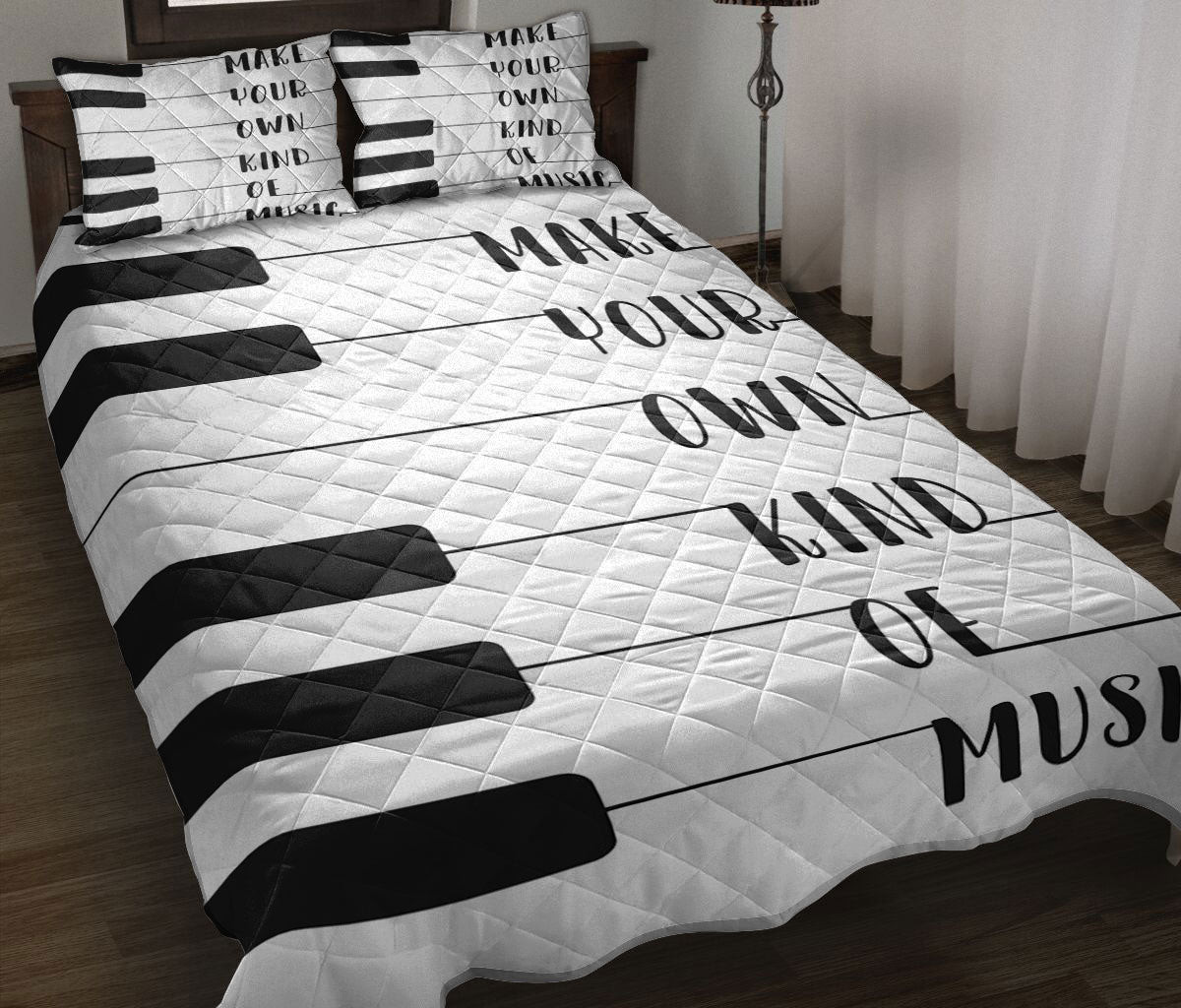 Piano Quilt Bedding Set, Piano Keys Make Your Own Kind Of MusicKeyboard MusicNotes Quilt Blanket With Pillowcases, Duvet Cover Set