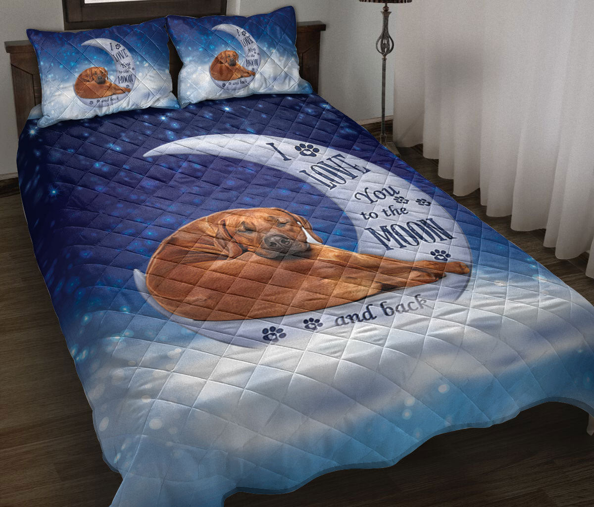 Quilt Bedding Set, Rhodesian Ridgeback I Love You To The Moon And Back Dog Puppy Quilt Blanket With Pillowcases, Duvet Cover Set