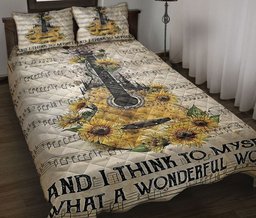 Guitar Quilt Bedding Set, Guitar Sunflower I Think To Myself What A Wonderful World Guitarist Quilt Blanket With Pillowcases, Duvet Cover Set