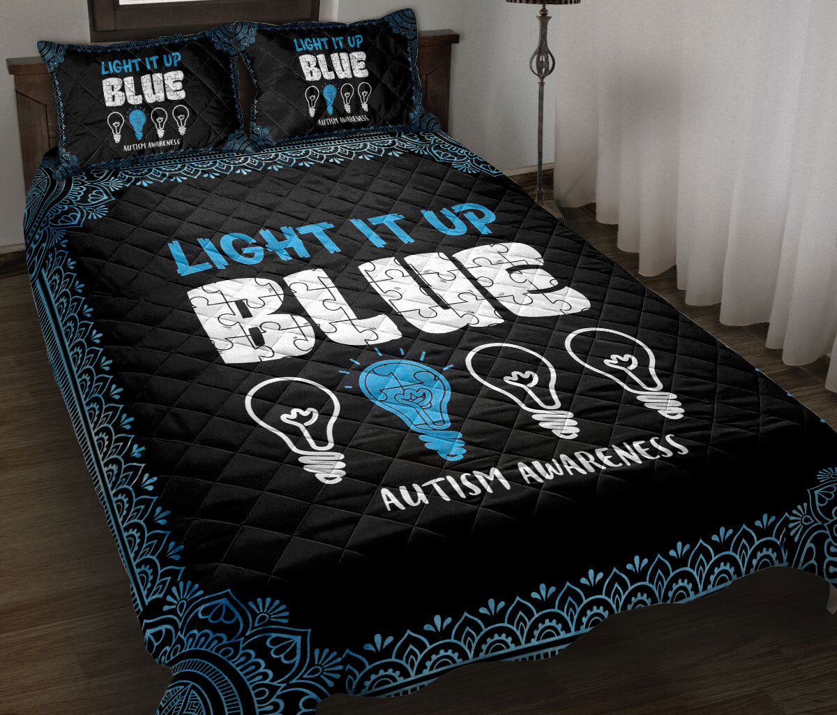 Autism Quilt Bedding Set, Autism Awareness Asd Light It Up Blue Support Quilt Blanket With Pillowcases, Duvet Cover Set