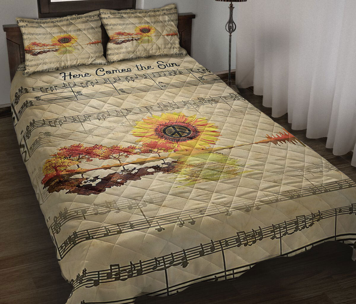 Guitar Quilt Bedding Set, Guitar Sunflower Peace Here Come The Sun Guitarist Quilt Blanket With Pillowcases, Duvet Cover Set