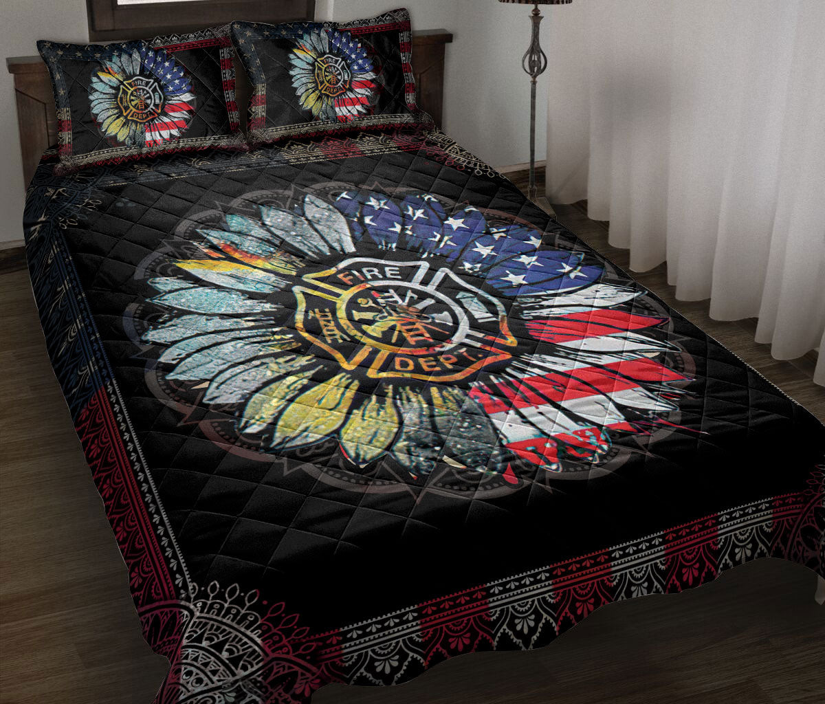 Firefighter Quilt Bedding Set, America Sunflower Mandala Firefighter Floral Quilt Blanket With Pillowcases, Duvet Cover Set