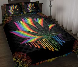 LGBT Quilt Bedding Set, Mandala Rainbow Leaf Black Watercolor Lgbt Pride Quilt Blanket With Pillowcases, Duvet Cover Set