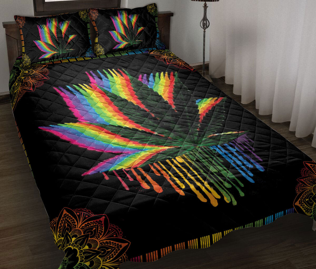 LGBT Quilt Bedding Set, Mandala Rainbow Leaf Black Watercolor Lgbt Pride Quilt Blanket With Pillowcases, Duvet Cover Set