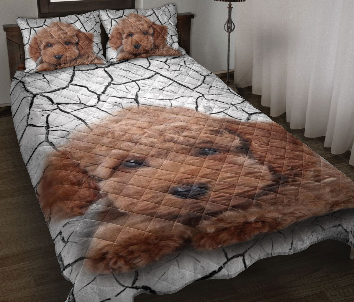 Poodle Quilt Bedding Set, Cute Toy Poodle Grey Wall Crack Dog Puppy Quilt Blanket With Pillowcases, Duvet Cover Set