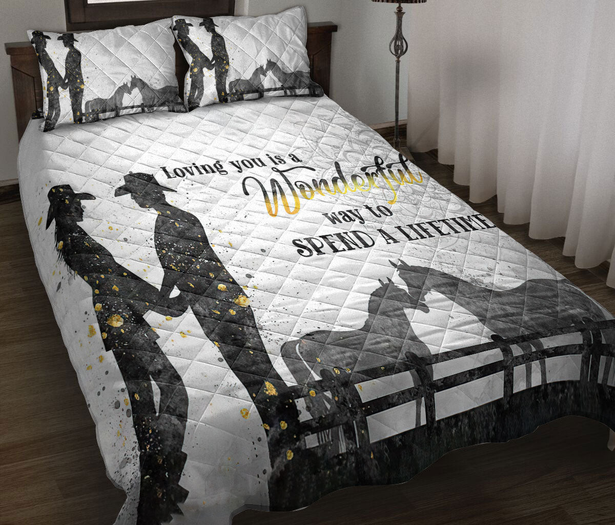Quilt Bedding Set, Horse Couple White Grey Love Quilt Blanket With Pillowcases, Duvet Cover Set
