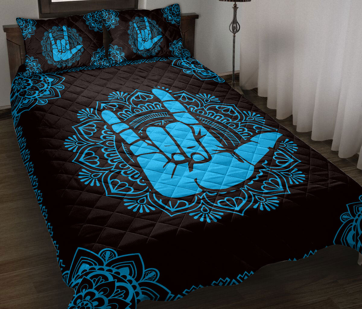 Sign Language Quilt Bedding Set, Sign Language Love Hand Sign Blue Floral Mandala Black Quilt Blanket With Pillowcases, Duvet Cover Set