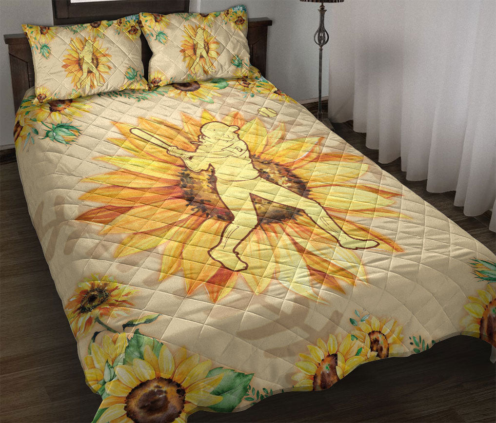 Softball Quilt Bedding Set, Sunflower Softball Girl, Batter Quilt Blanket With Pillowcases, Duvet Cover Set