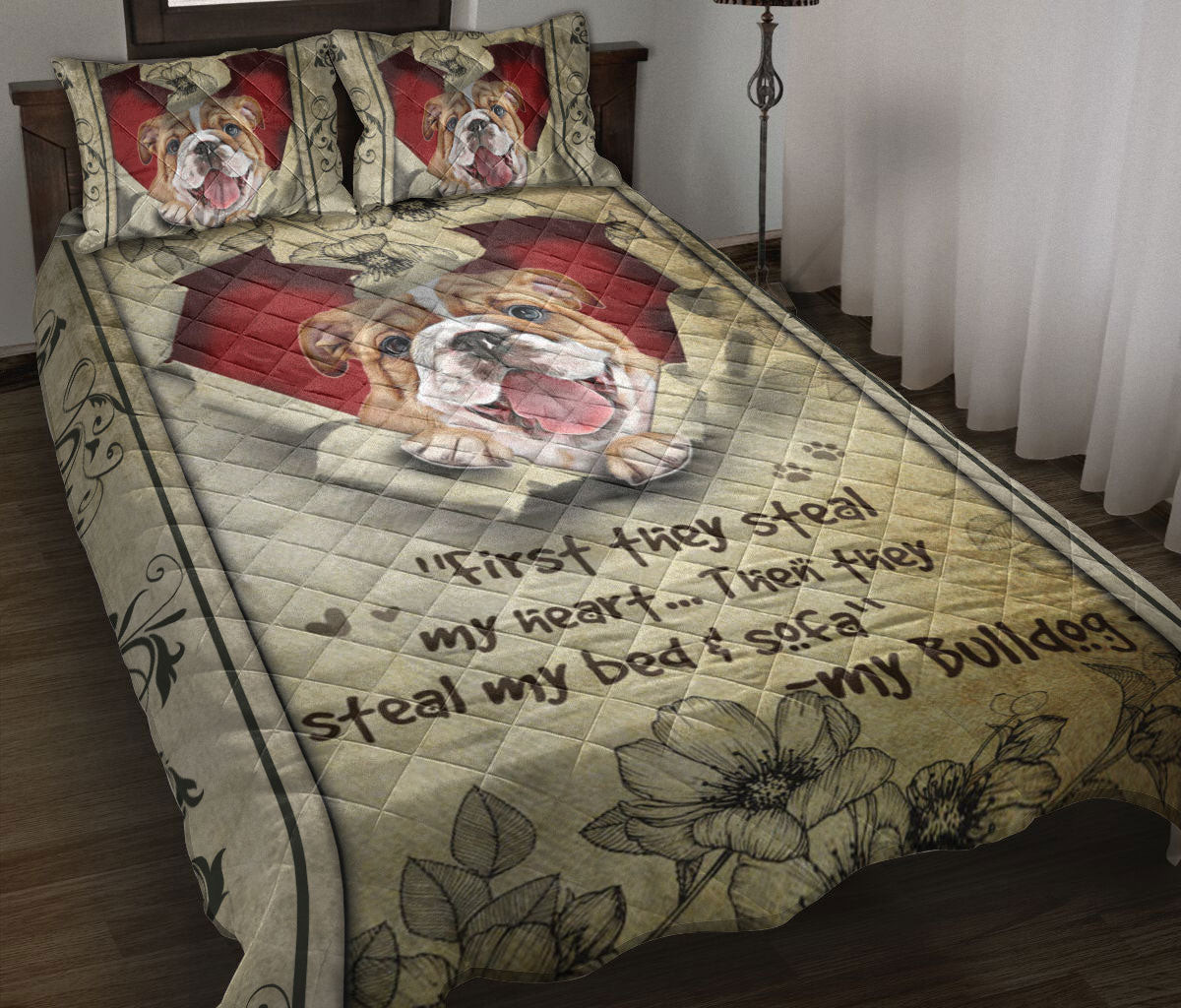 Bulldog Quilt Bedding Set, English Bulldog They Steal My Heart Floral Beige Dog Quilt Blanket With Pillowcases, Duvet Cover Set