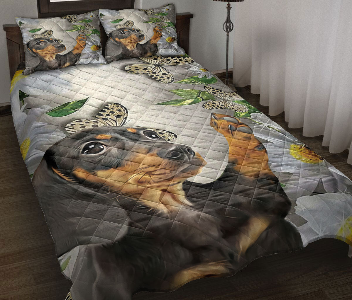 Dachshund Quilt Bedding Set, Dachshund With Butterfly And Daisy Flower Quilt Blanket With Pillowcases, Duvet Cover Set