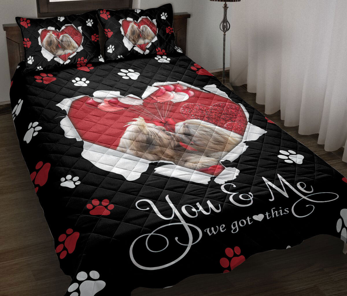 Shih Tzu Quilt Bedding Set, Shih Tzu Shitzu Dog Love Heart Quilt Blanket With Pillowcases, Duvet Cover Set