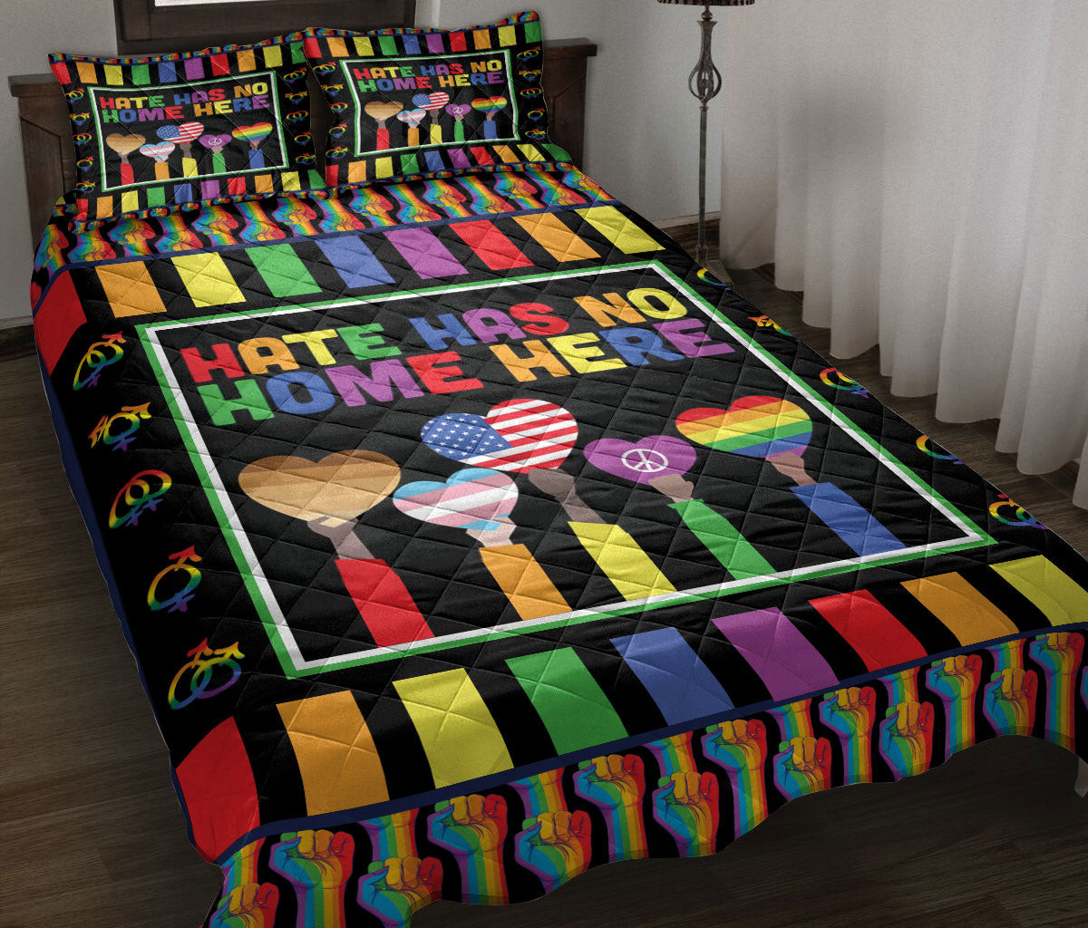 LGBT Quilt Bedding Set, Lgbt Lgbtq Pride Rainbow Hate Has No Home Here Quilt Blanket With Pillowcases, Duvet Cover Set