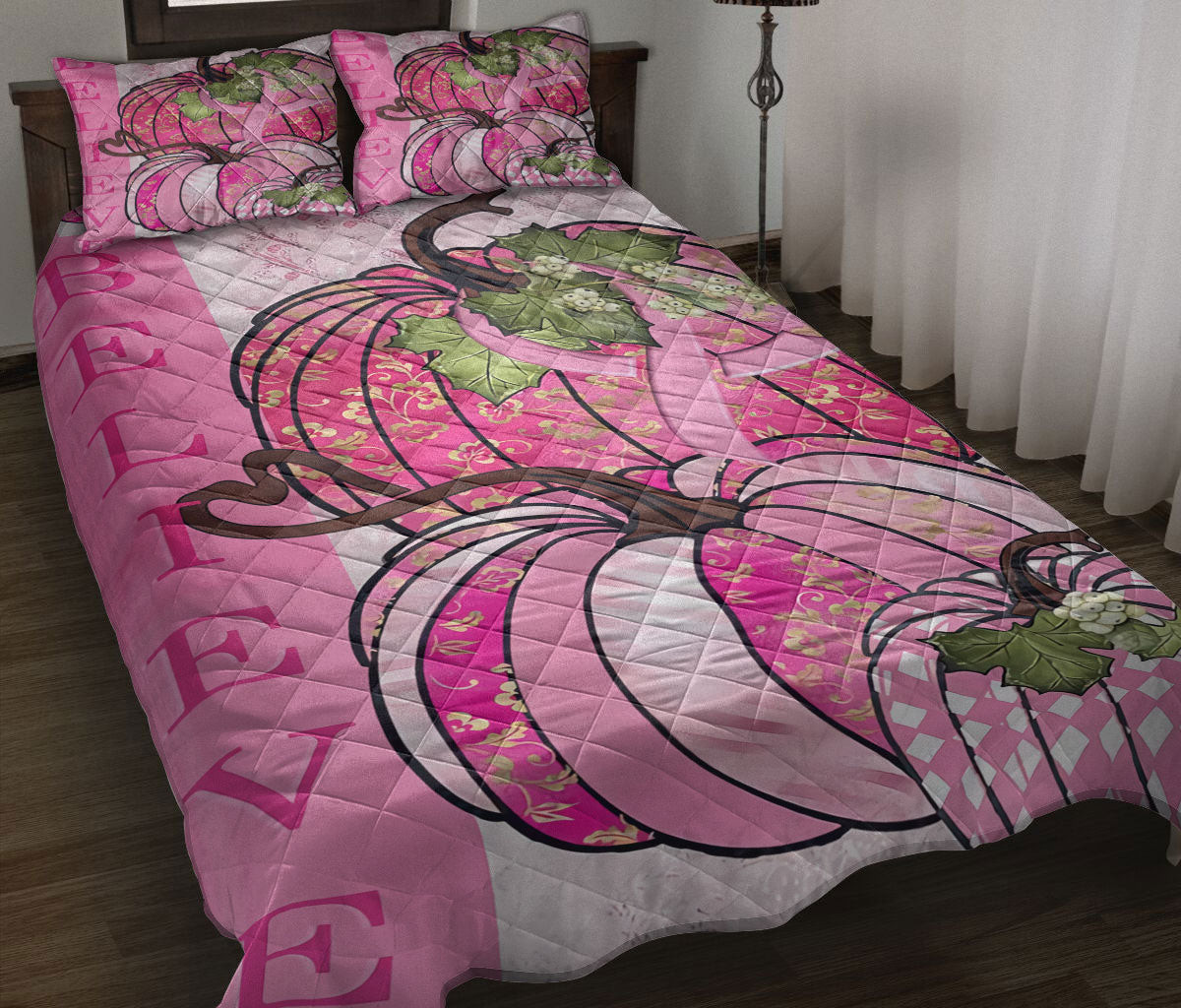 Breast Cancer Quilt Bedding Set, Pumpkin Breast Cancer Believe Gillter Quilt Blanket With Pillowcases, Duvet Cover Set