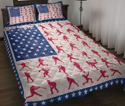 Softball Quilt Bedding Set, Baseball Softball Batter Pitcher Us Flag Quilt Blanket With Pillowcases, Duvet Cover Set
