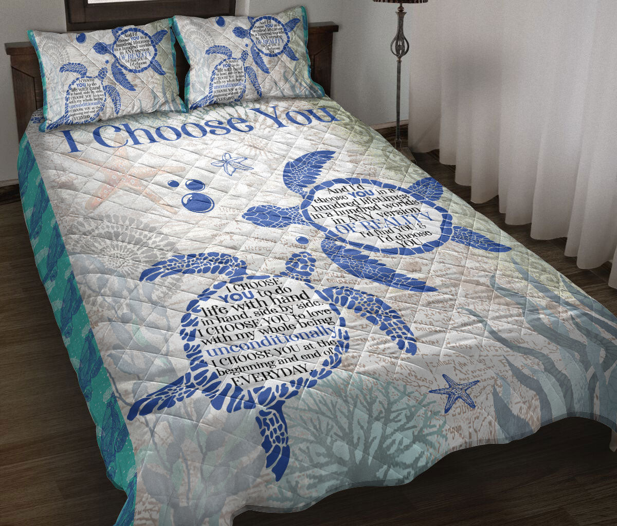 Turtle Quilt Bedding Set, Turtle I Choose You Floral Couple Quilt Blanket With Pillowcases, Duvet Cover Set