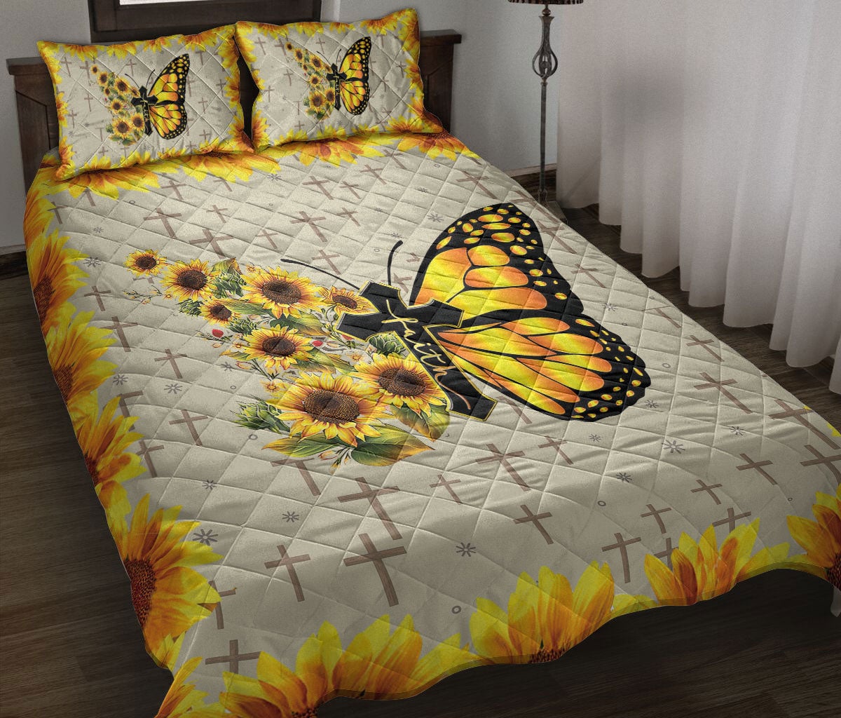 Butterfly, Sunflower, Christian, Jesus, God, Bible Quilt Bedding Set, The Cross Faith Butterfly Sunflowerian Quilt Blanket With Pillowcases, Duvet Cover Set
