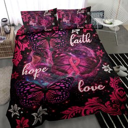 Breast Cancer Quilt Bedding Set, Breast Cancer Awareness Butterfly Flower Pink Faith Hope Love Quilt Blanket With Pillowcases, Duvet Cover Set