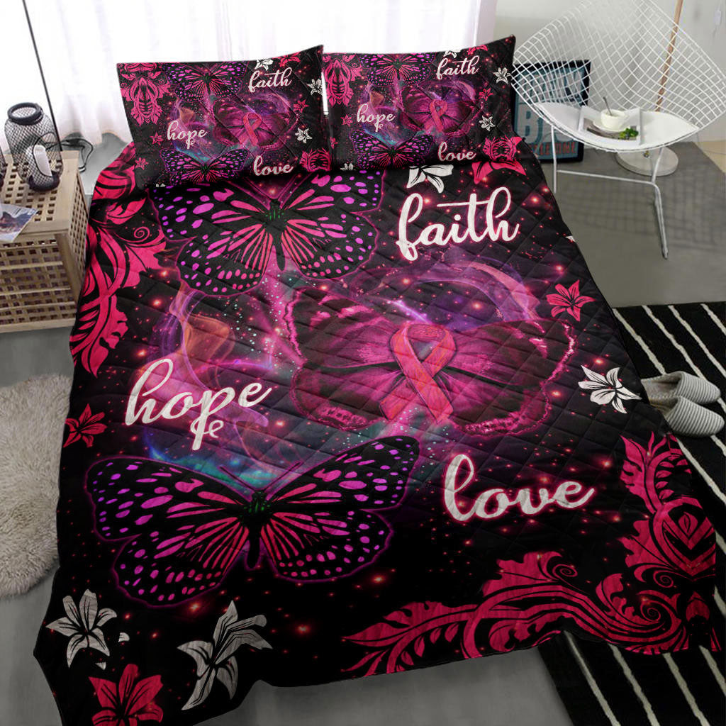 Breast Cancer Quilt Bedding Set, Breast Cancer Awareness Butterfly Flower Pink Faith Hope Love Quilt Blanket With Pillowcases, Duvet Cover Set