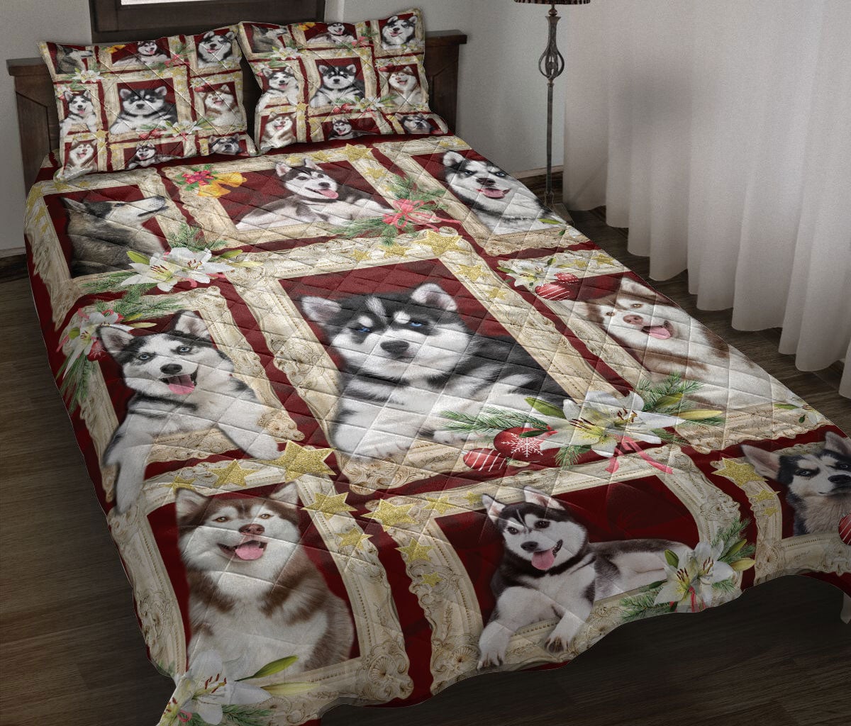 Husky Quilt Bedding Set, Siberian Husky Sits In The Window With Flower Quilt Blanket With Pillowcases, Duvet Cover Set