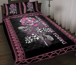 Racing Quilt Bedding Set, Racing Checkered Flag Pink Rose Flower Floral Race Quilt Blanket With Pillowcases, Duvet Cover Set