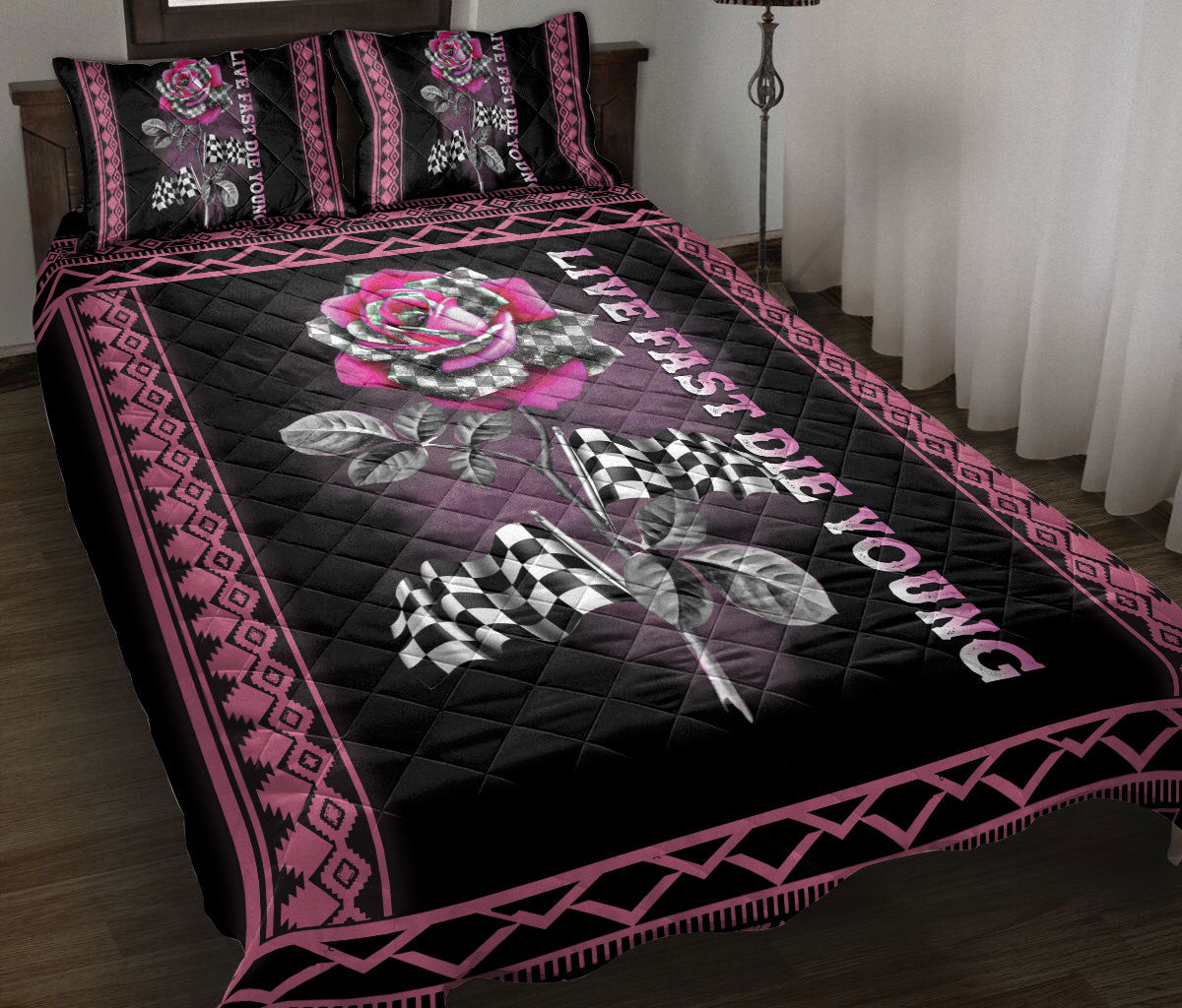Racing Quilt Bedding Set, Racing Checkered Flag Pink Rose Flower Floral Race Quilt Blanket With Pillowcases, Duvet Cover Set