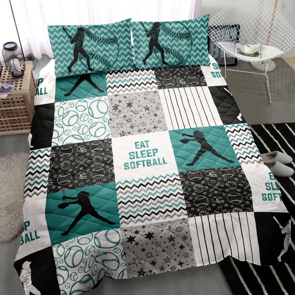 Softball Quilt Bedding Set, Softball Girl Eat Slleep Patchwork Quilt Blanket With Pillowcases, Duvet Cover Set