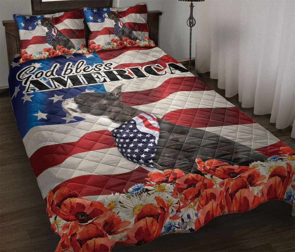Boston Terrier Quilt Bedding Set, Boston Terrier Patriotic Dog God Bless Us Flag Quilt Blanket With Pillowcases, Duvet Cover Set