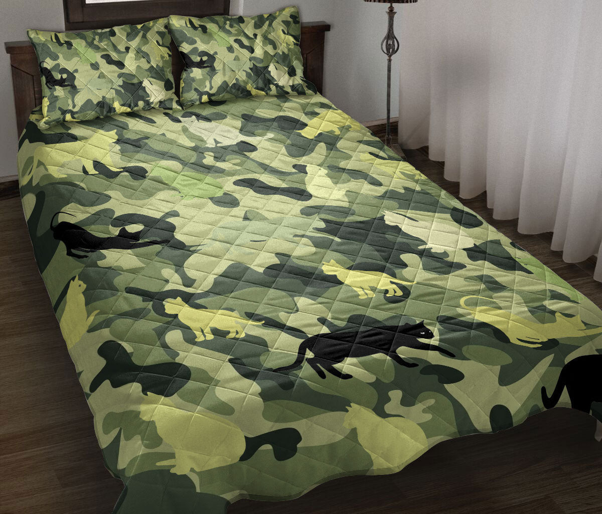 Cat Quilt Bedding Set, Funny Cats Green Cat Kitten Quilt Blanket With Pillowcases, Duvet Cover Set