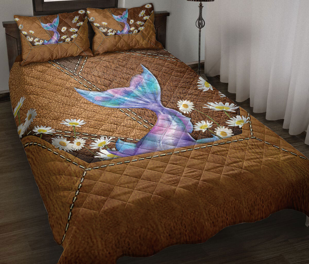 Mermaid Quilt Bedding Set, Beautiful Mermaid Under Sea With Daisy Flower Quilt Blanket With Pillowcases, Duvet Cover Set