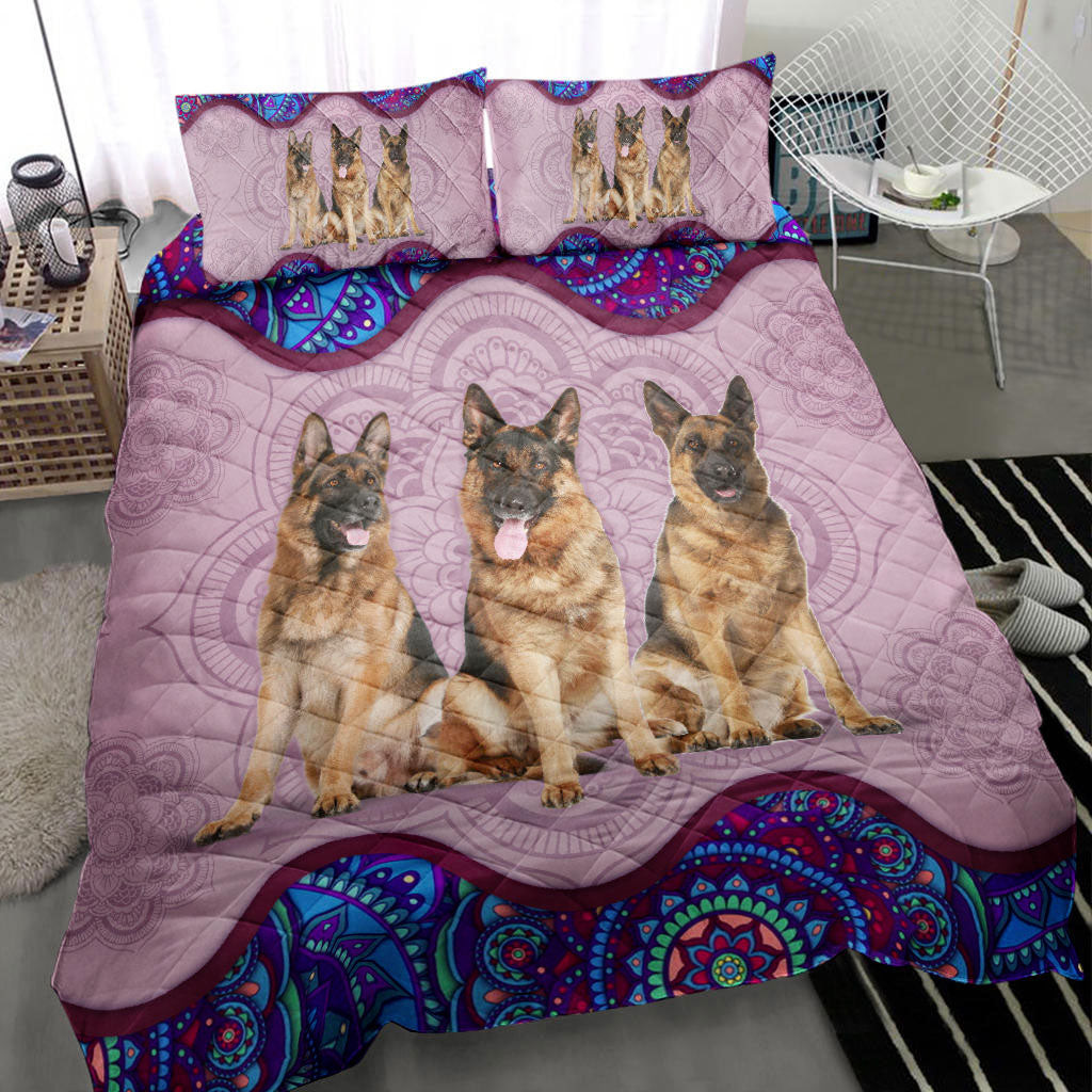 German Shepherd Quilt Bedding Set, German Shepherd Pink Blue Mandala Quilt Blanket With Pillowcases, Duvet Cover Set