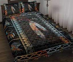 Native American Quilt Bedding Set, American Native Indigeno Us Feather Black Quilt Blanket With Pillowcases, Duvet Cover Set