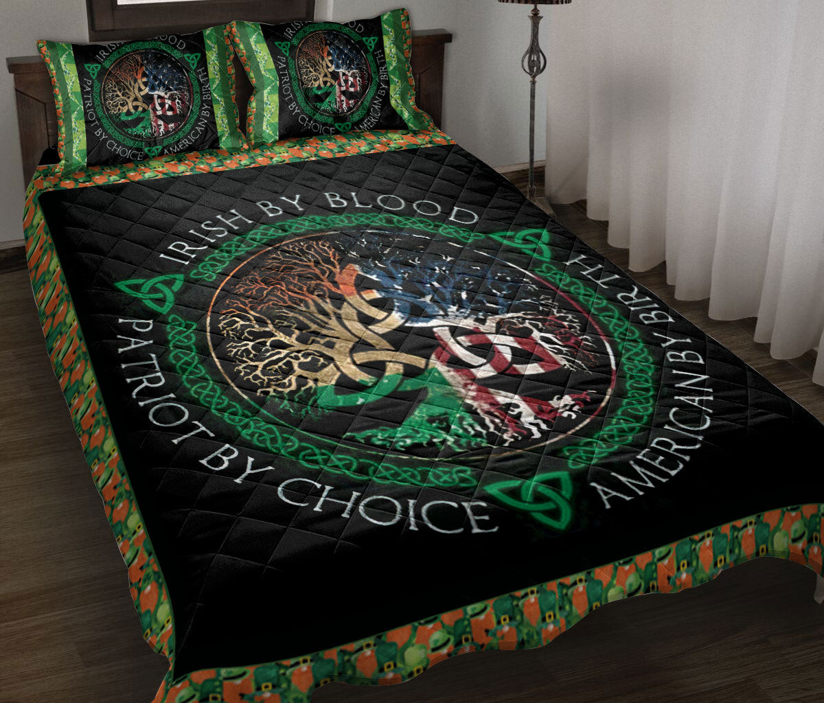 Irish Quilt Bedding Set, Irish By Blood American By Birth Patriot By Choice Celtic Knot Tree Green Quilt Blanket With Pillowcases, Duvet Cover Set