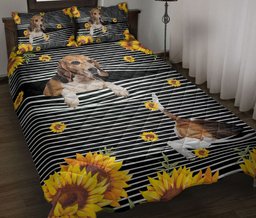 Beagle Quilt Bedding Set, Funny Beagle Dog Sunflower Floral B&W Stripe Quilt Blanket With Pillowcases, Duvet Cover Set