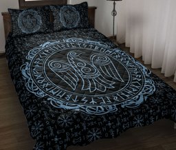 Viking Quilt Bedding Set, Raven Rune Viking Huginn Muninn Norse Nordic Mythology Black Blue Quilt Blanket With Pillowcases, Duvet Cover Set