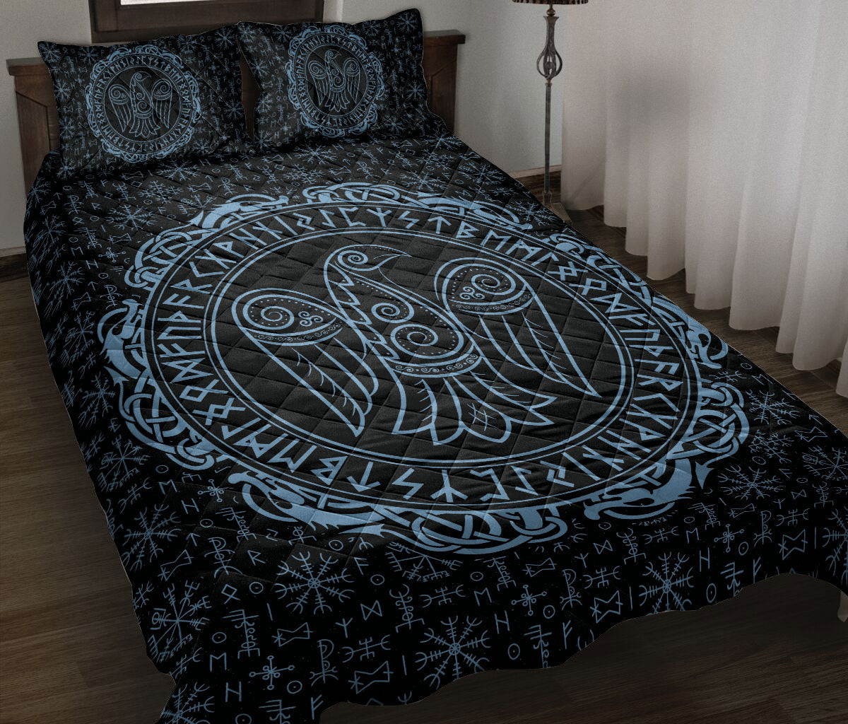 Viking Quilt Bedding Set, Raven Rune Viking Huginn Muninn Norse Nordic Mythology Black Blue Quilt Blanket With Pillowcases, Duvet Cover Set