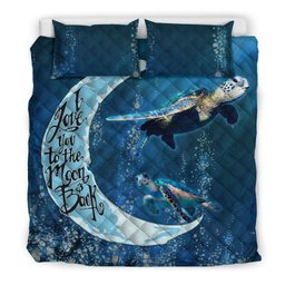 Turtle Quilt Bedding Set, I Love You To Moon Sea Turtle Couple Ocean Blue Quilt Blanket With Pillowcases, Duvet Cover Set