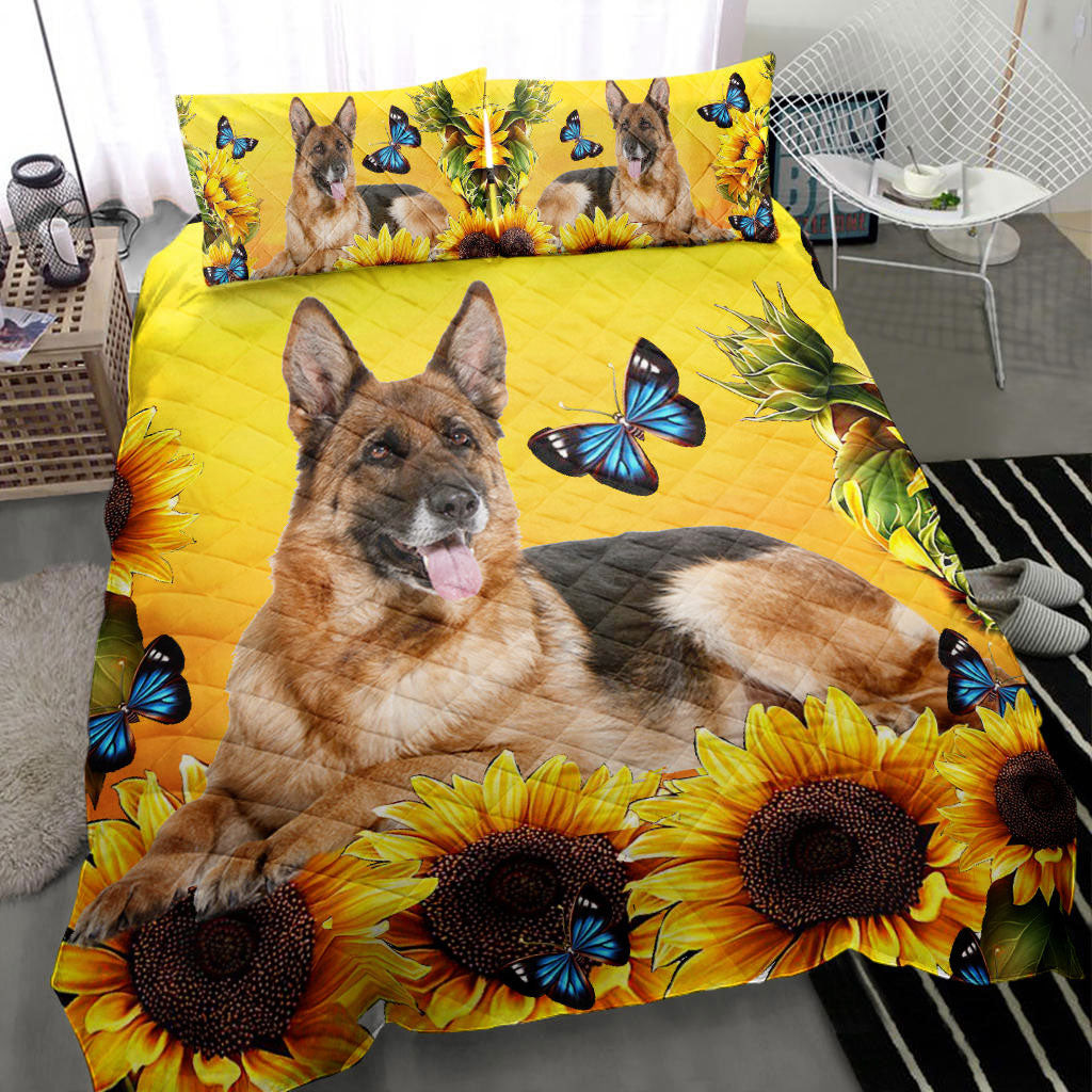 German Shepherd Quilt Bedding Set, Animal Dog German Shepherd Sunflower Quilt Blanket With Pillowcases, Duvet Cover Set