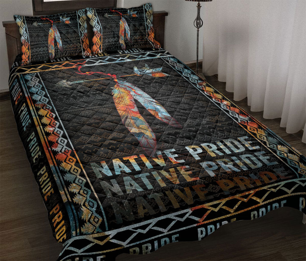 Native American Quilt Bedding Set, Native American Pride Indigeno Us Feather Black Quilt Blanket With Pillowcases, Duvet Cover Set