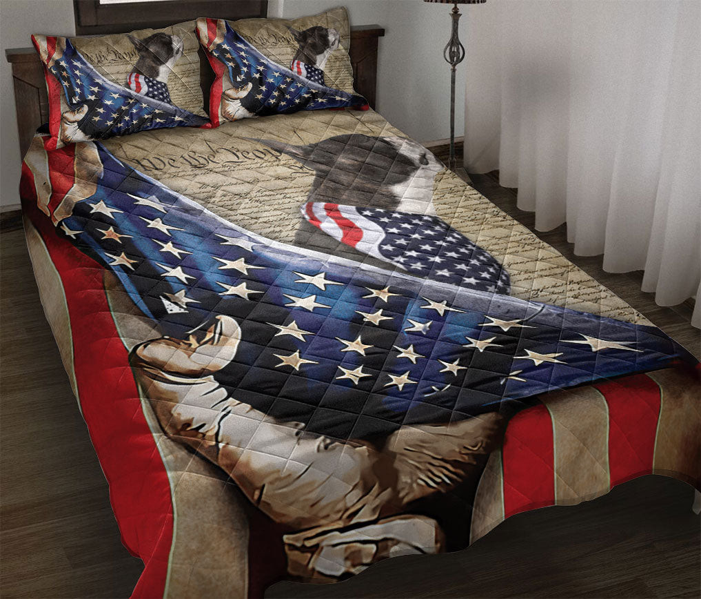 Boston Terrier Quilt Bedding Set, Boston Terrier Patriotic Dog American History Us Flag We The People Quilt Blanket With Pillowcases, Duvet Cover Set