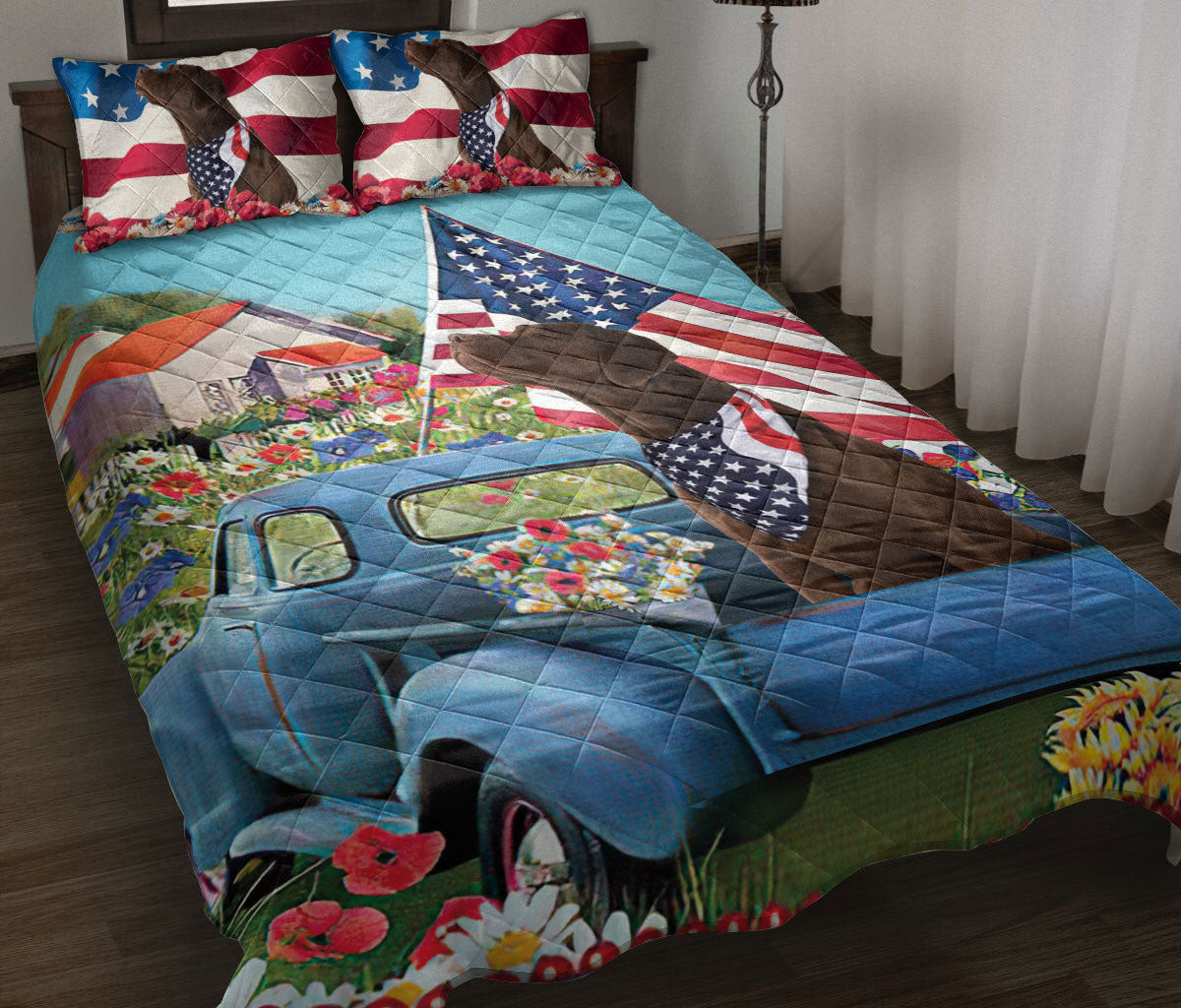 Labrador Retriever Quilt Bedding Set, Chocolate Labrador Patriotic Dog Us Flag Flower Spring Country Road Quilt Blanket With Pillowcases, Duvet Cover Set