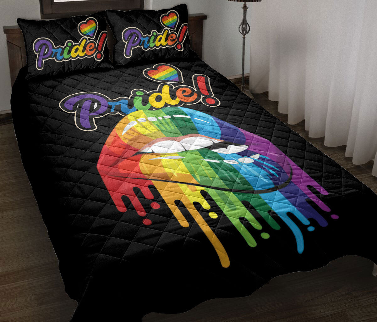 LGBT Quilt Bedding Set, Lgbt Lgbtq Pride Rainbow Melting Lips Love Is Love Love Wins Quilt Blanket With Pillowcases, Duvet Cover Set