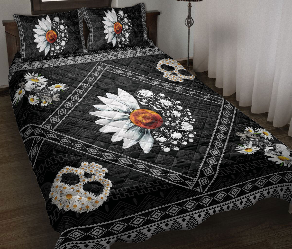 Skull Quilt Bedding Set, Skull, White Daisy Quilt Blanket With Pillowcases, Duvet Cover Set