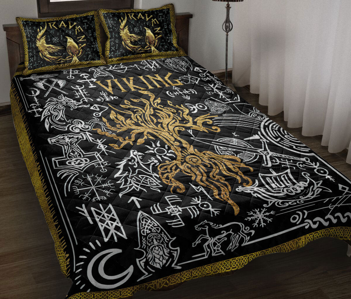 Viking Quilt Bedding Set, Viking Raven Tree Of Yggdrasil Huginn Muninn Norse Nordic Mythology Quilt Blanket With Pillowcases, Duvet Cover Set