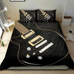 Guitar Quilt Bedding Set, Electric Bass Guitar MusicTheme Guitarist Black Quilt Blanket With Pillowcases, Duvet Cover Set