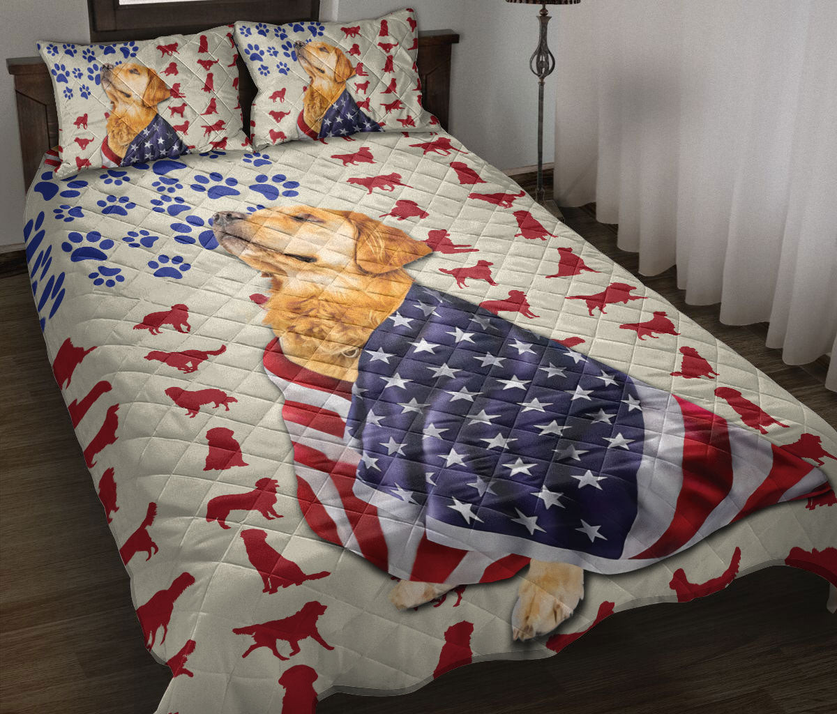 Golden Retriever Quilt Bedding Set, Golden Retriever Patriotic Us Flag Dog Quilt Blanket With Pillowcases, Duvet Cover Set