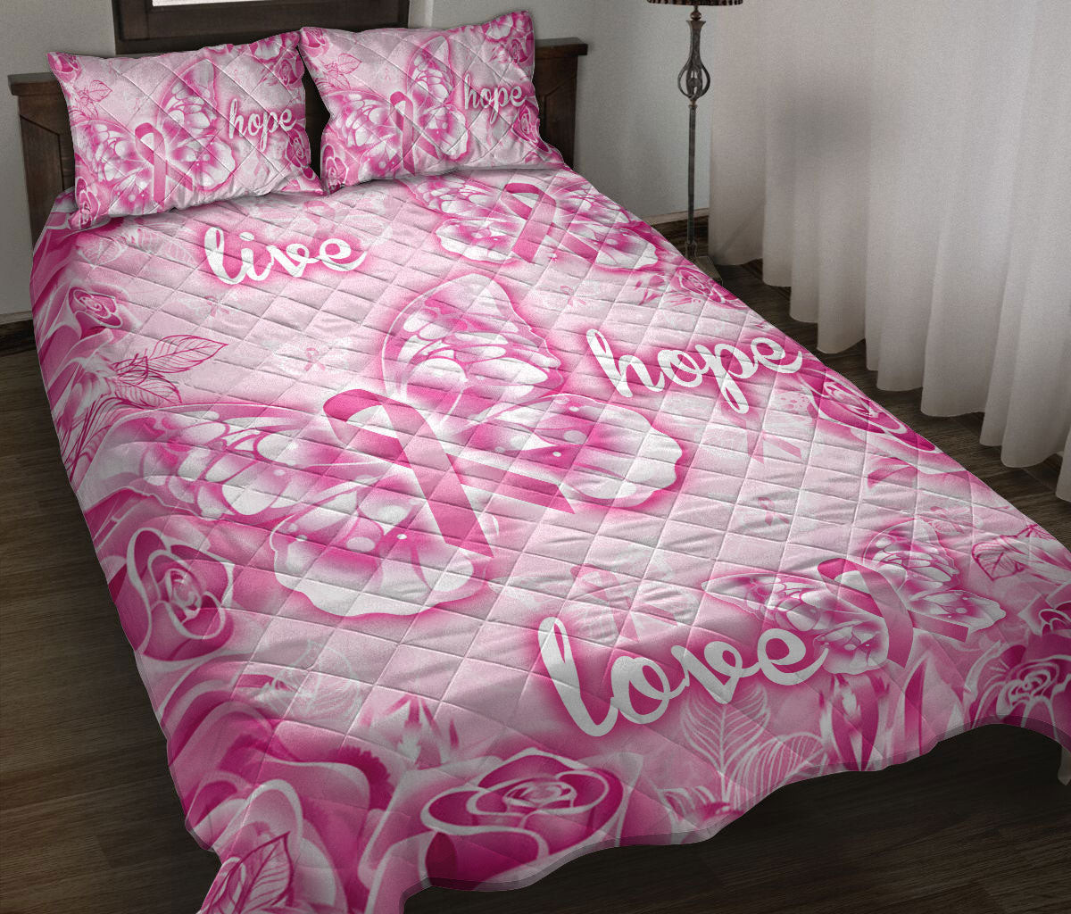 Breast Cancer Quilt Bedding Set, Breast Cancer Awareness Hope Pink Butterfly Get Well Soons Quilt Blanket With Pillowcases, Duvet Cover Set
